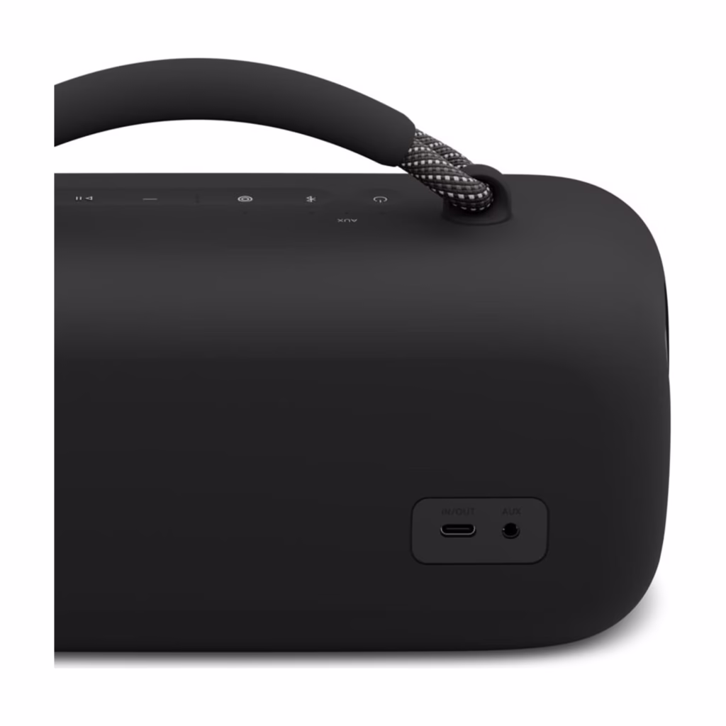 Bose SoundLink Max in Black showing the USB-C and 3.5mm AUX inputs and top controls