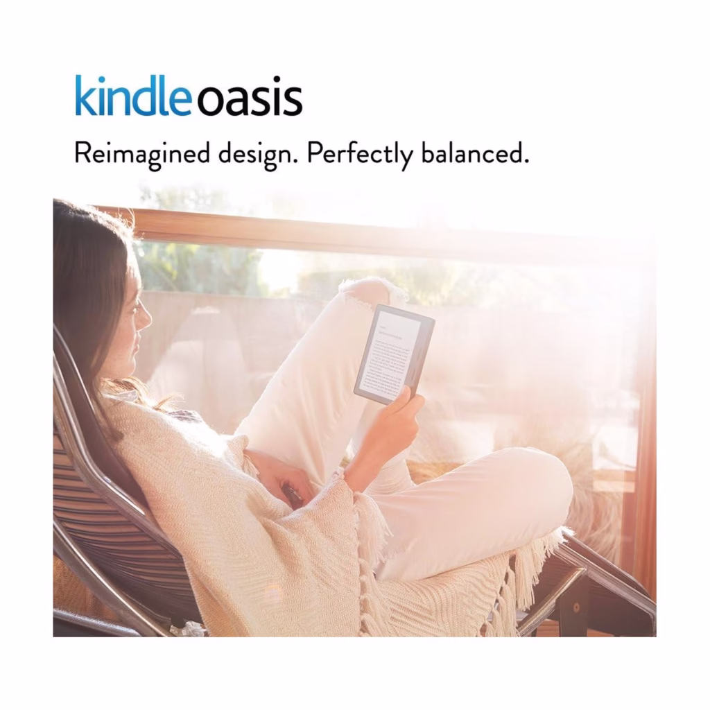 Kindle Oasis e-reader being read one-handed in natural light