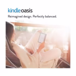 Kindle Oasis e-reader being read one-handed in natural light