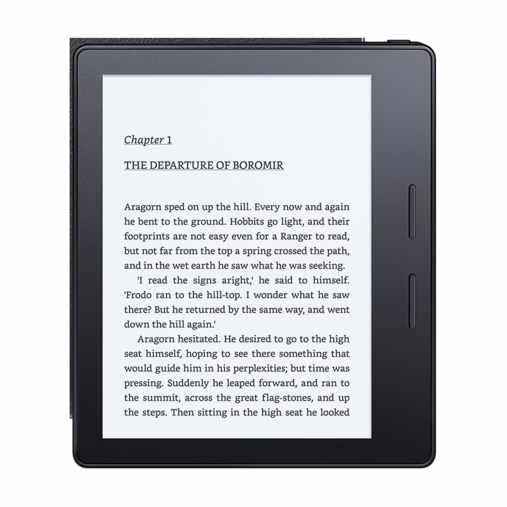 Amazon Kindle Oasis 8th Gen 4GB e-reader front view showing the 6-inch 300 ppi E Ink display and page-turn buttons