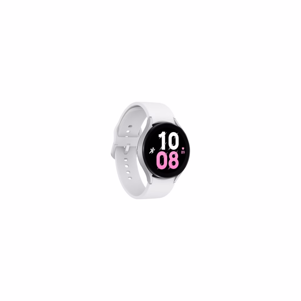 Samsung Galaxy Watch5 40mm with white sport band and silver case