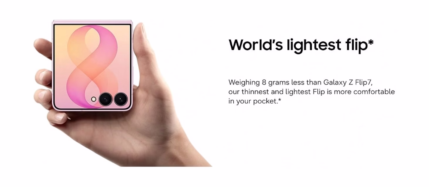 Samsung Galaxy Z Flip8 banner - world’s lightest flip at 180 grams
