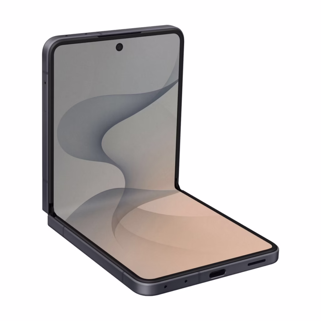 Samsung Galaxy Z Flip8 in Graphite, flex mode three-quarter angle