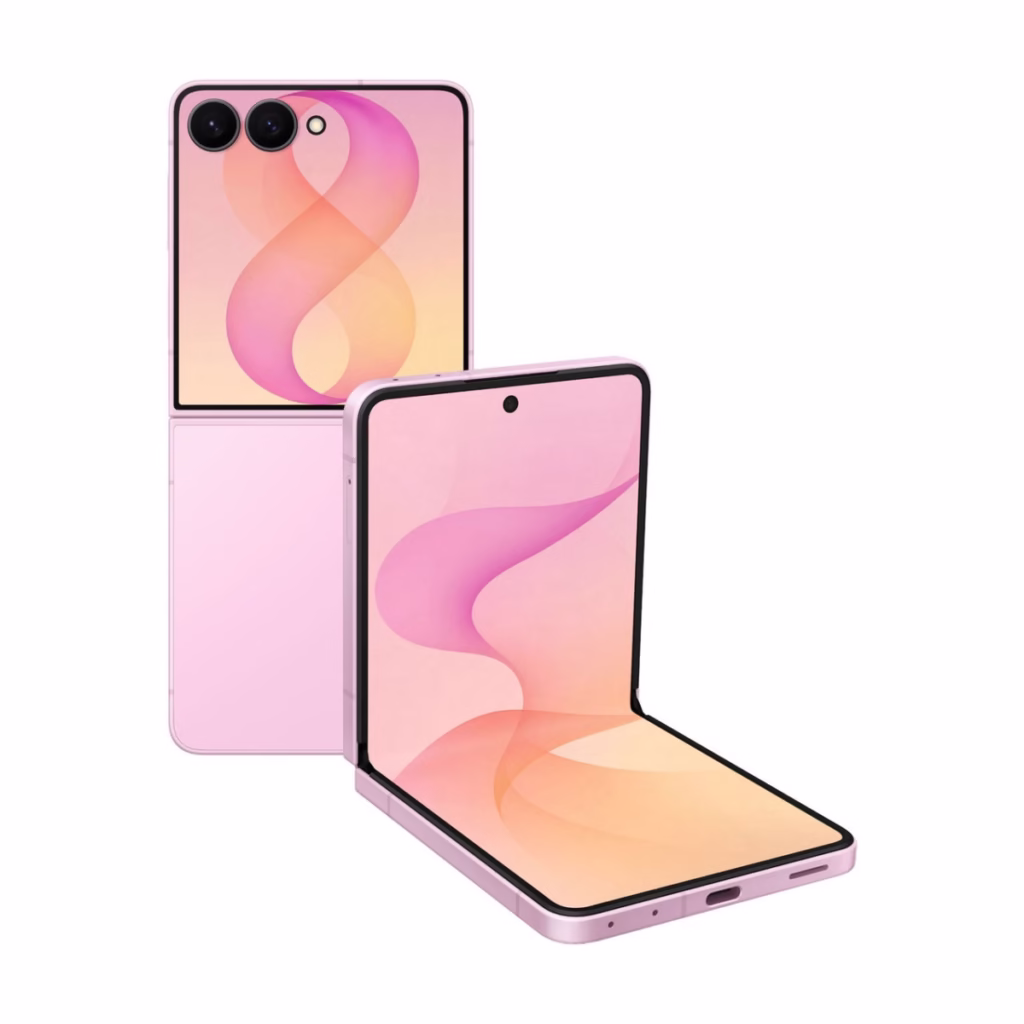 Samsung Galaxy Z Flip8 in Pink, FlexWindow cover screen and flex mode view