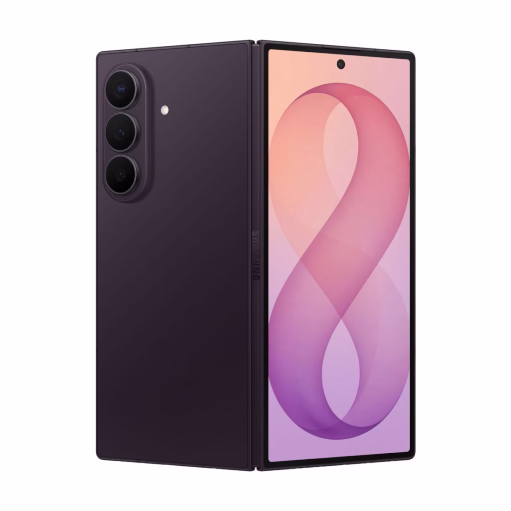 Samsung Galaxy Z Fold8 Ultra in Violet Shadow, three-quarter angle folded view