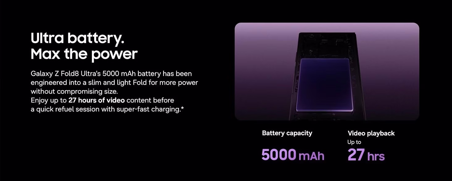 Samsung Galaxy Z Fold8 Ultra banner - 5000mAh battery with 27 hours video playback
