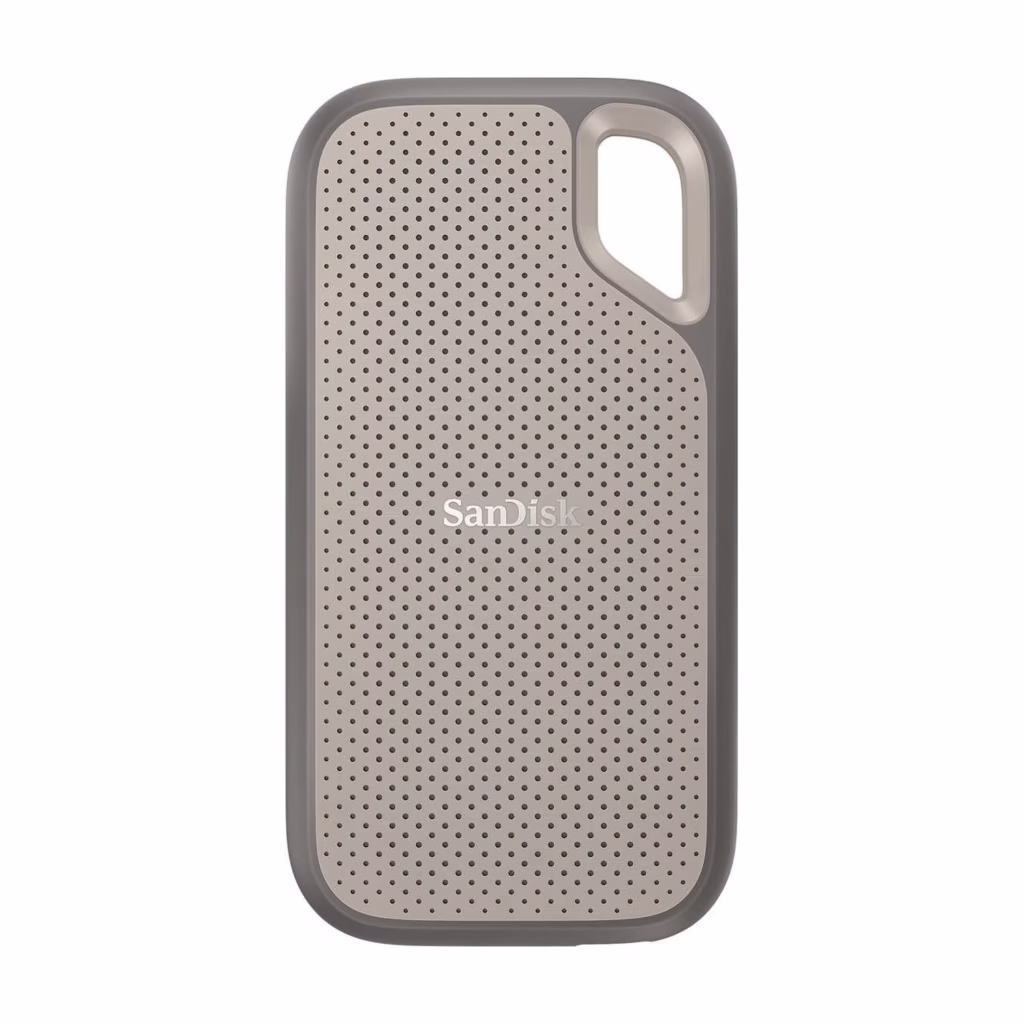 SanDisk Extreme Go 1TB portable SSD front view with silicone shell and carabiner loop