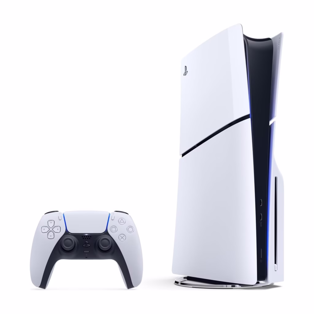 PlayStation 5 Slim disc edition console standing upright with DualSense controller