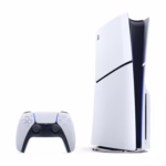 PlayStation 5 Slim disc edition console standing upright with DualSense controller