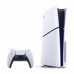 PlayStation 5 Slim disc edition console standing upright with DualSense controller