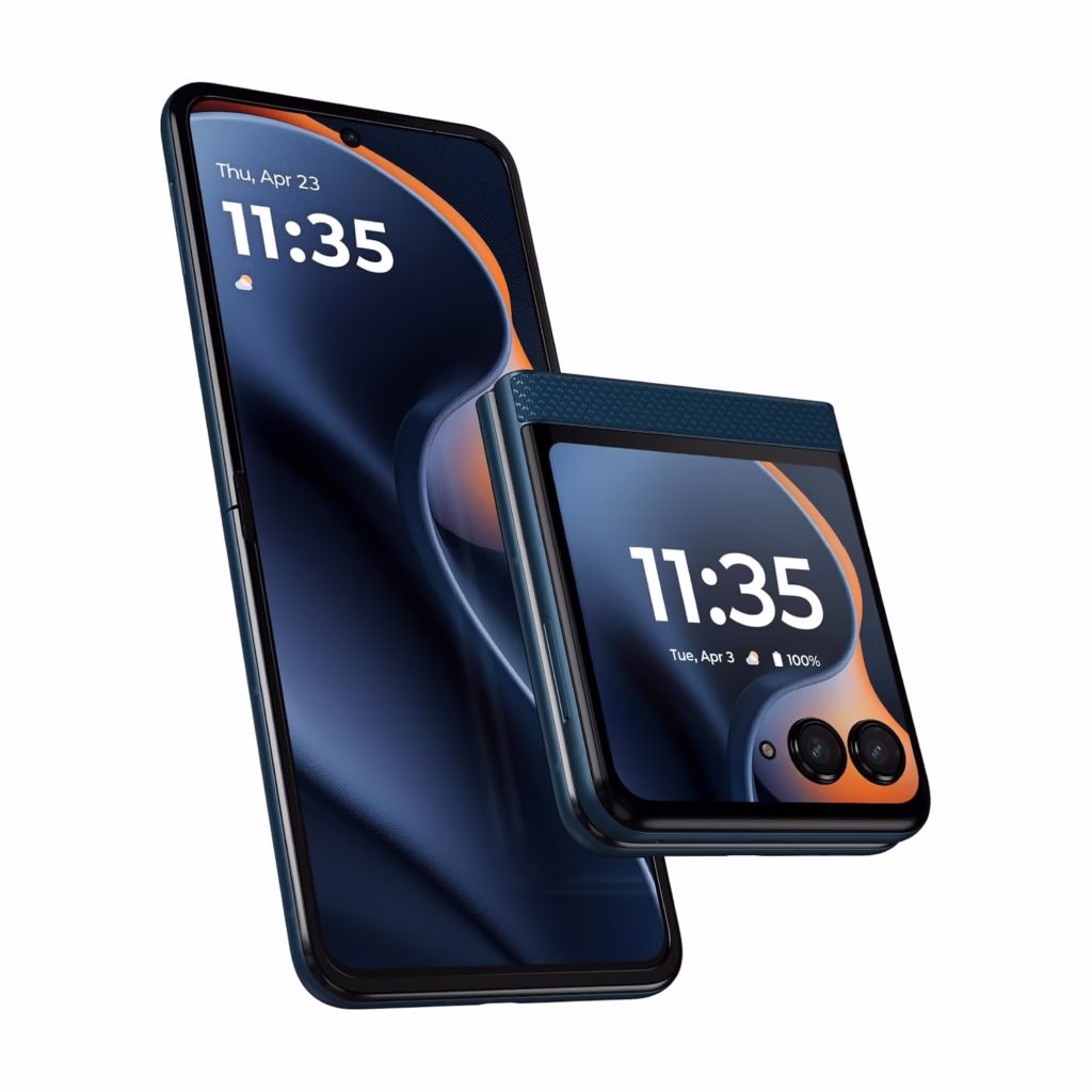 Motorola Razr 2025 in PANTONE Gibraltar Sea, open and folded views