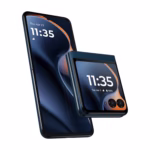 Motorola Razr 2025 in PANTONE Gibraltar Sea, open and folded views
