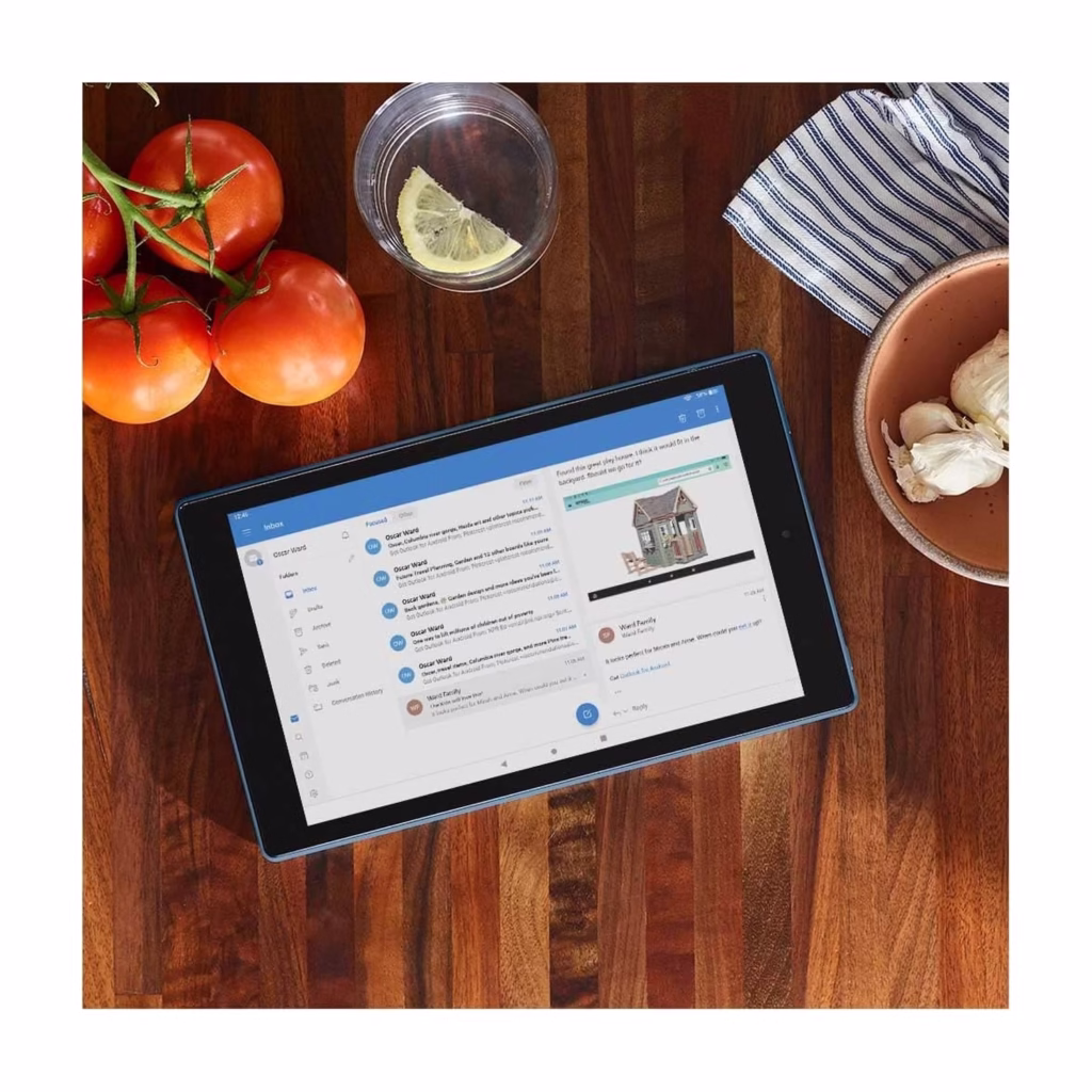 Fire HD 10 tablet in use on a kitchen counter showing a recipe