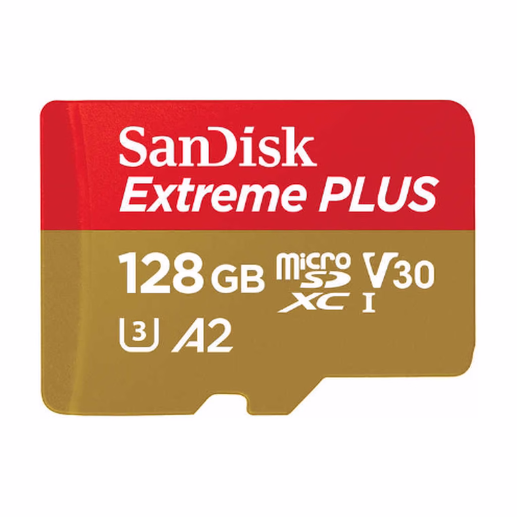SanDisk Extreme Plus 128GB microSDXC card face showing V30, U3 and A2 ratings