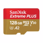 SanDisk Extreme Plus 128GB microSDXC card face showing V30, U3 and A2 ratings