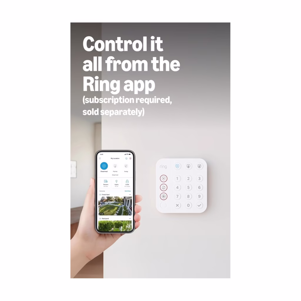 Ring Alarm keypad mounted on a wall with the Ring app open on a phone