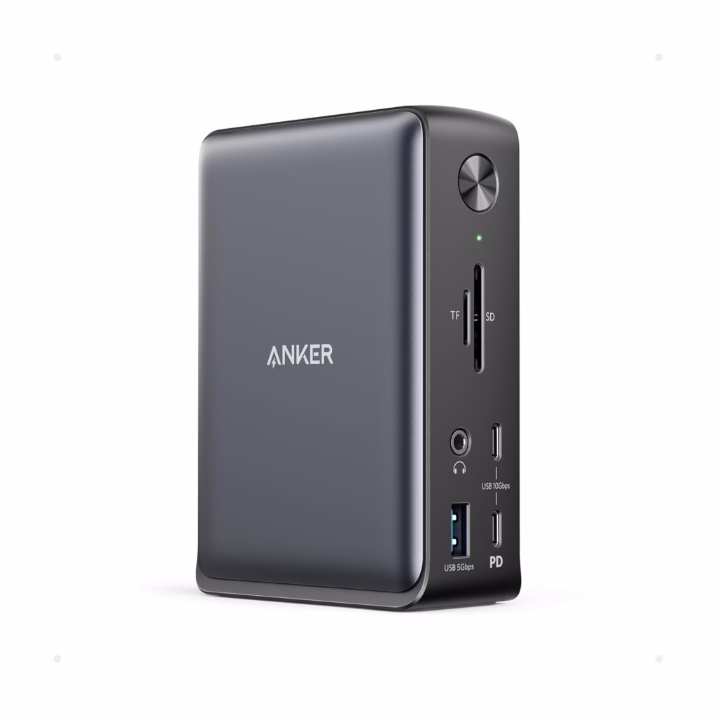 Anker 575 USB-C Docking Station 13-in-1 in black, front view of the open box unit