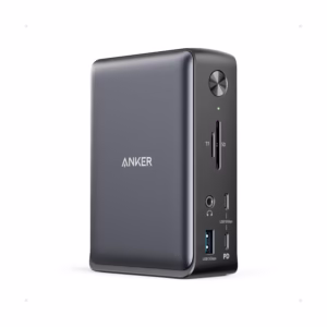 Anker 575 USB-C Docking Station 13-in-1 in black, front view of the open box unit