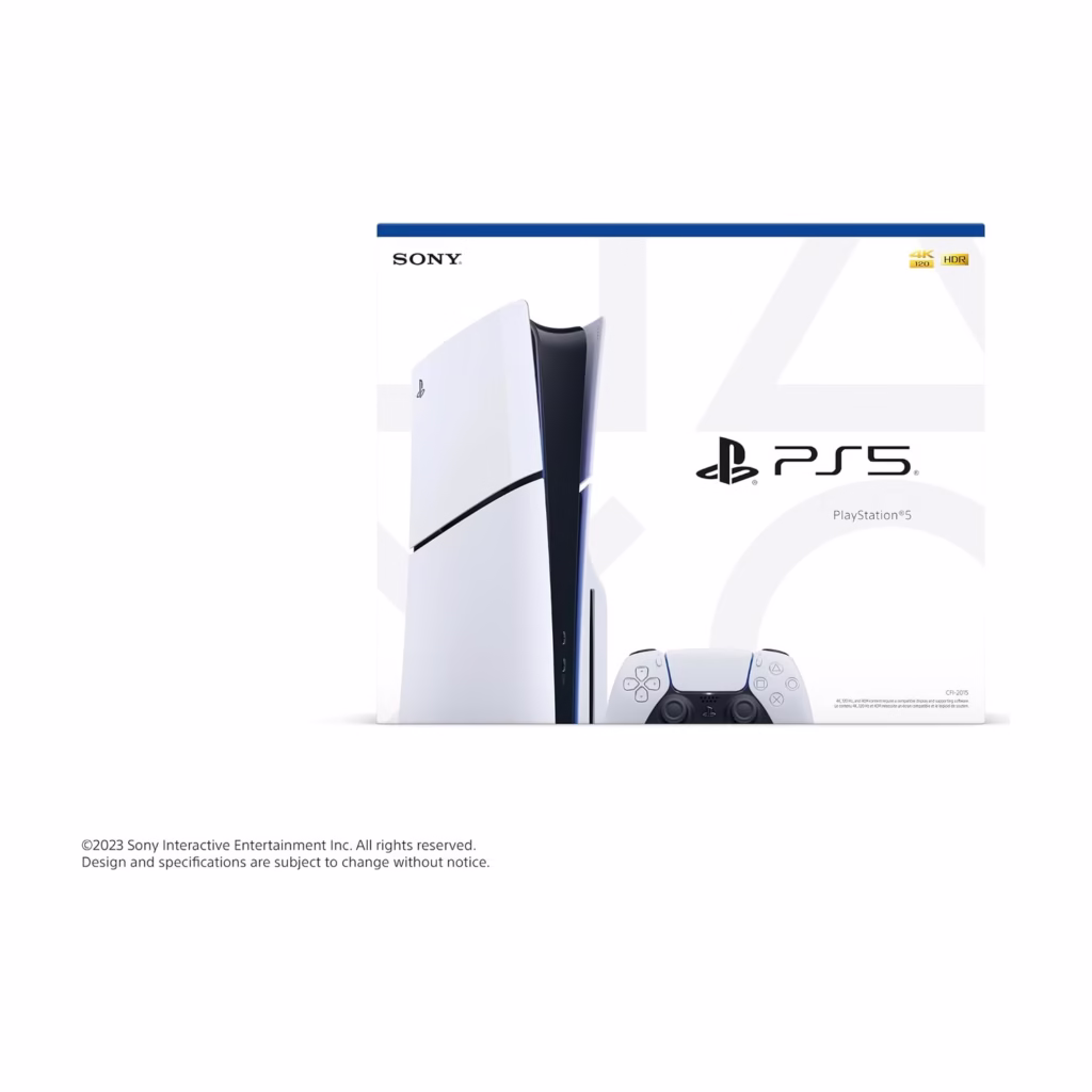 PlayStation 5 Slim disc edition console and controller, retail presentation view