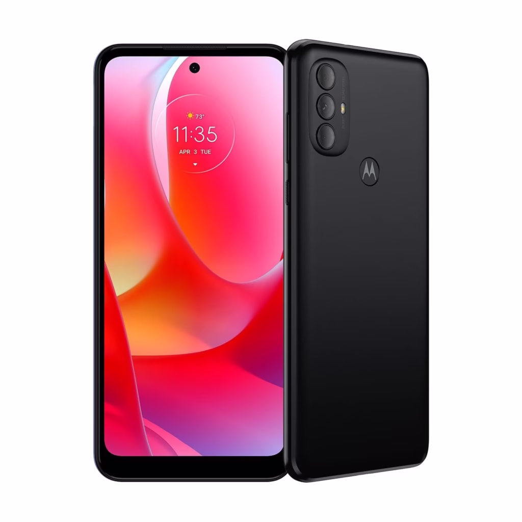 Moto G Power 2022 in black, front and rear view