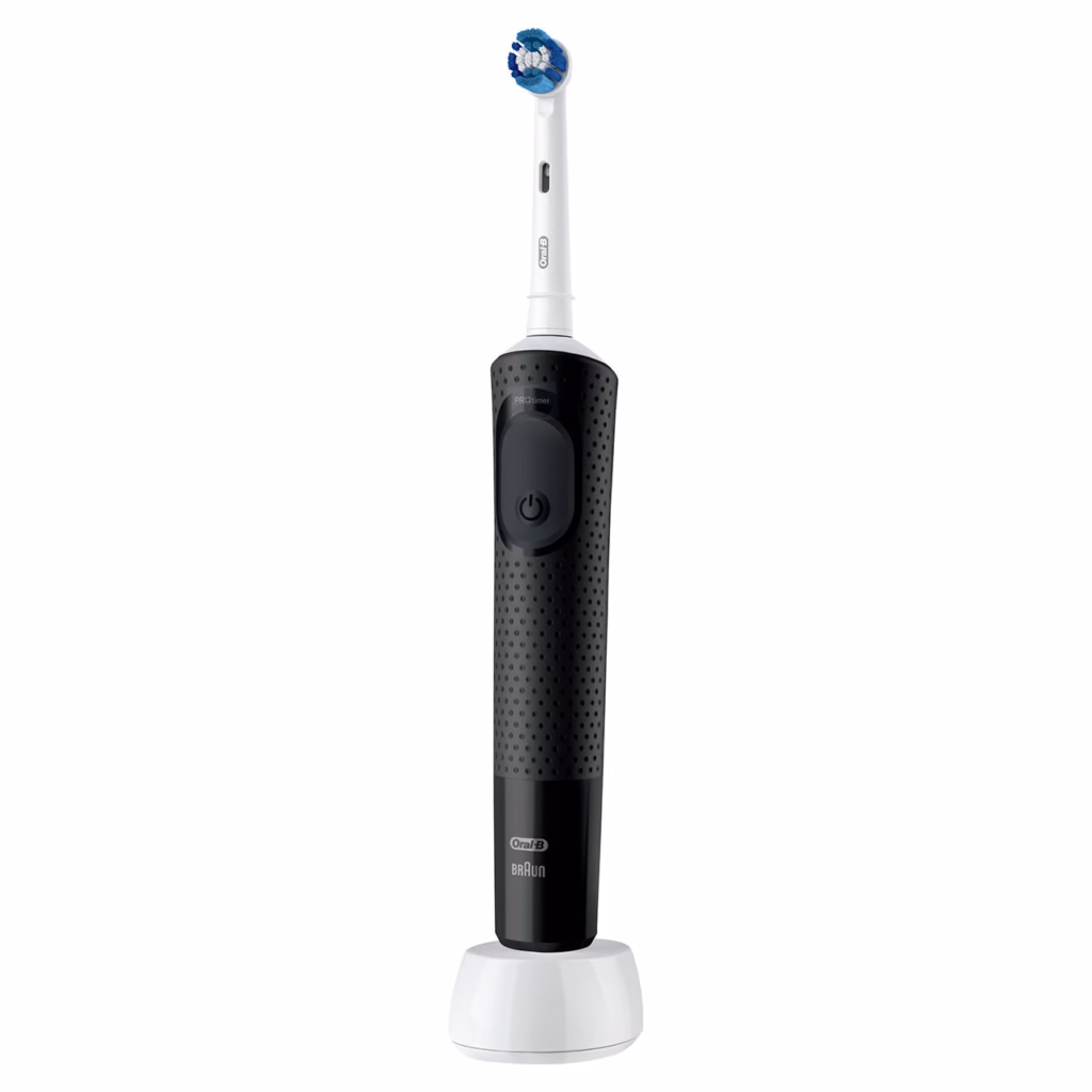 Oral-B Pro 500 black electric toothbrush on charging stand