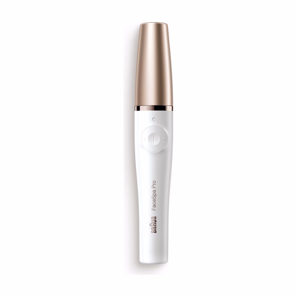 Braun FaceSpa Pro 911 facial epilator handle in white and bronze