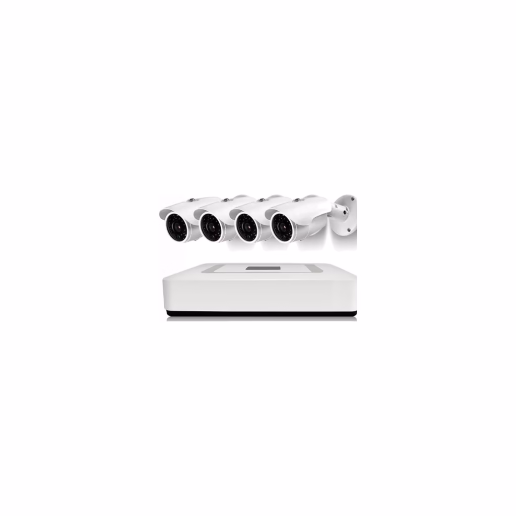 Camnoopy NK-4101P-M2 4-channel PoE NVR security camera kit with four white bullet cameras and recorder