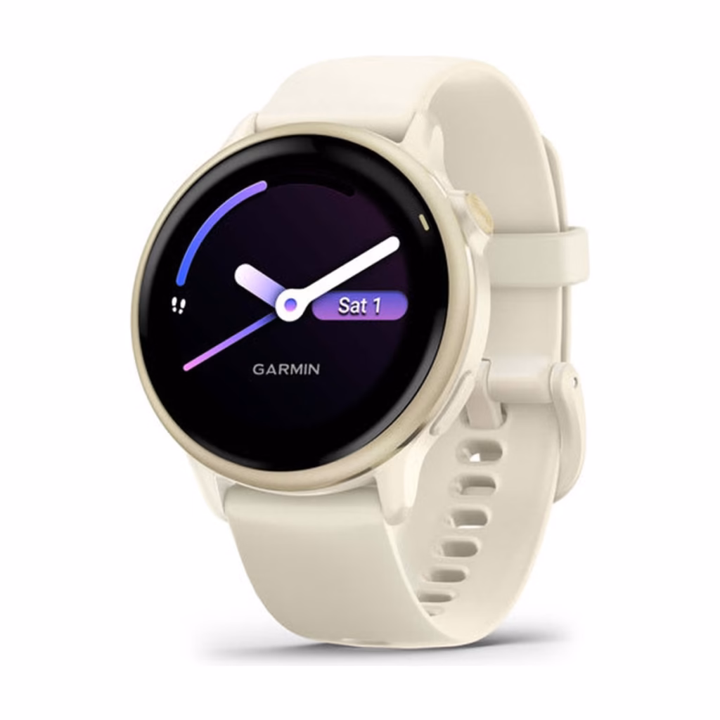 Garmin vivoactive 6 42mm in Lunar Gold with Bone Band, front angle