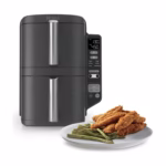 Ninja DoubleStack 2-Basket Air Fryer SL201C in black, front view with the digital control panel and both stacked baskets closed