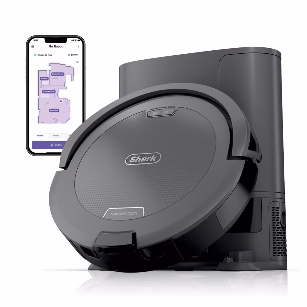 Shark Navigator RV2120AECA robot seen from above beside its base and the SharkClean app