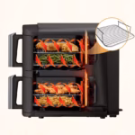 Ninja DoubleStack 2-Basket Air Fryer SL201C cutaway showing four foods cooking on two levels across both baskets with the stacked meal rack inset