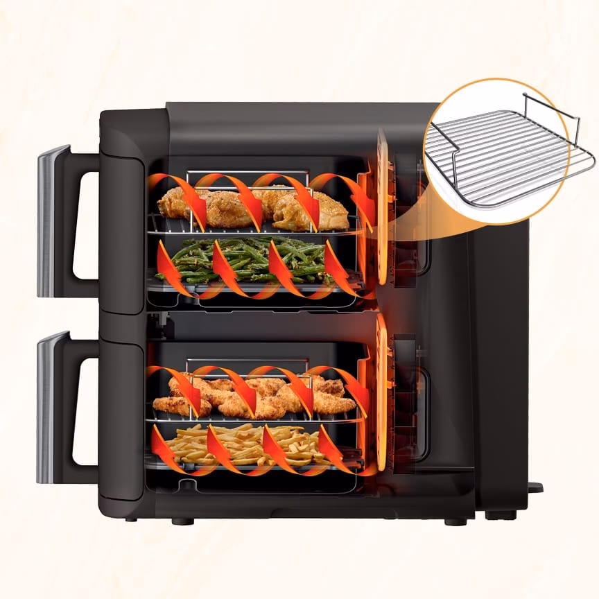 Ninja DoubleStack 2-Basket Air Fryer SL201C cutaway showing four foods cooking on two levels across both baskets with the stacked meal rack inset