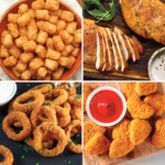 Ninja DoubleStack 2-Basket Air Fryer SL201C four-up food grid of tater tots, sliced roast chicken, onion rings and breaded nuggets