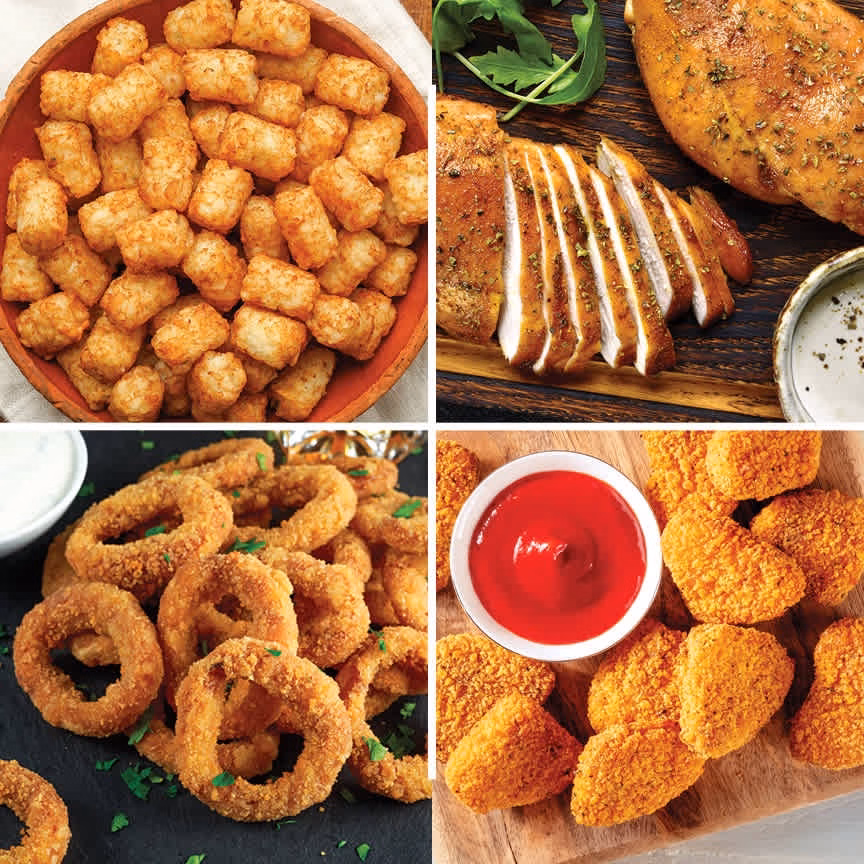Ninja DoubleStack 2-Basket Air Fryer SL201C four-up food grid of tater tots, sliced roast chicken, onion rings and breaded nuggets