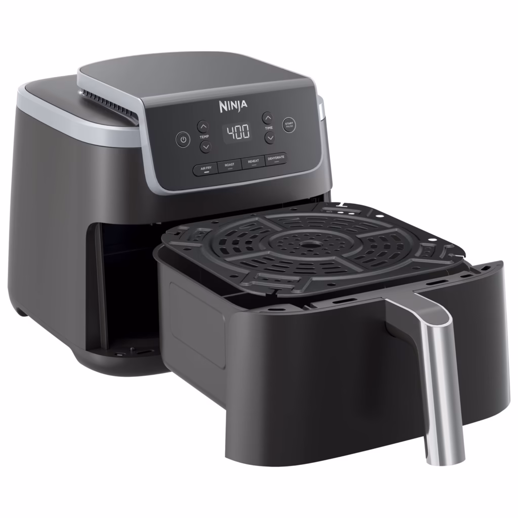 Ninja AF141C air fryer with the drawer out and the crisper plate lifted clear
