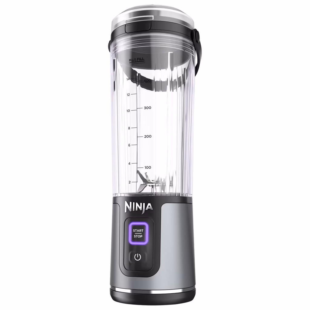 Ninja Blast Portable Blender BC151BKC in black, front view with vessel measurement markings