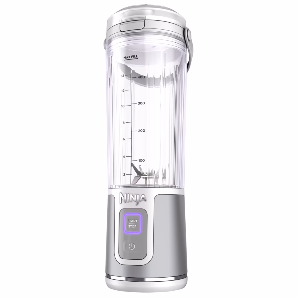 Ninja Blast Portable Blender BC151WHC in white, front view with vessel measurement markings