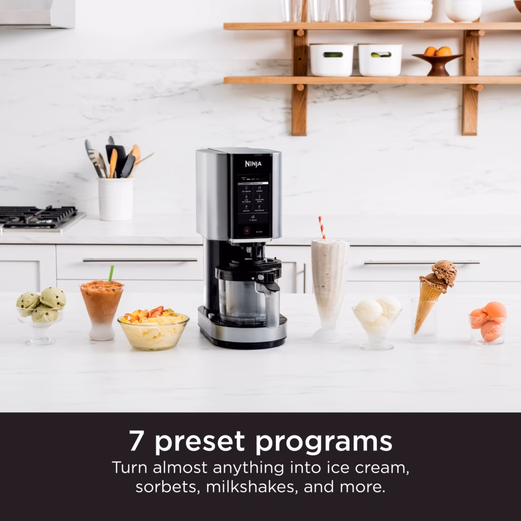 Ninja CREAMi NC301C with the seven preset programs and a lineup of finished frozen treats