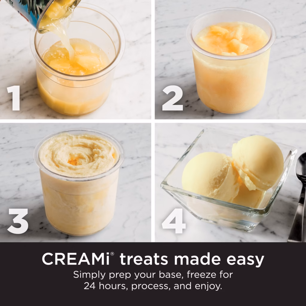 Four step CREAMi process: pour the base, freeze it solid, process it, then scoop and serve