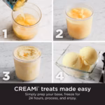Four step CREAMi process: pour the base, freeze it solid, process it, then scoop and serve