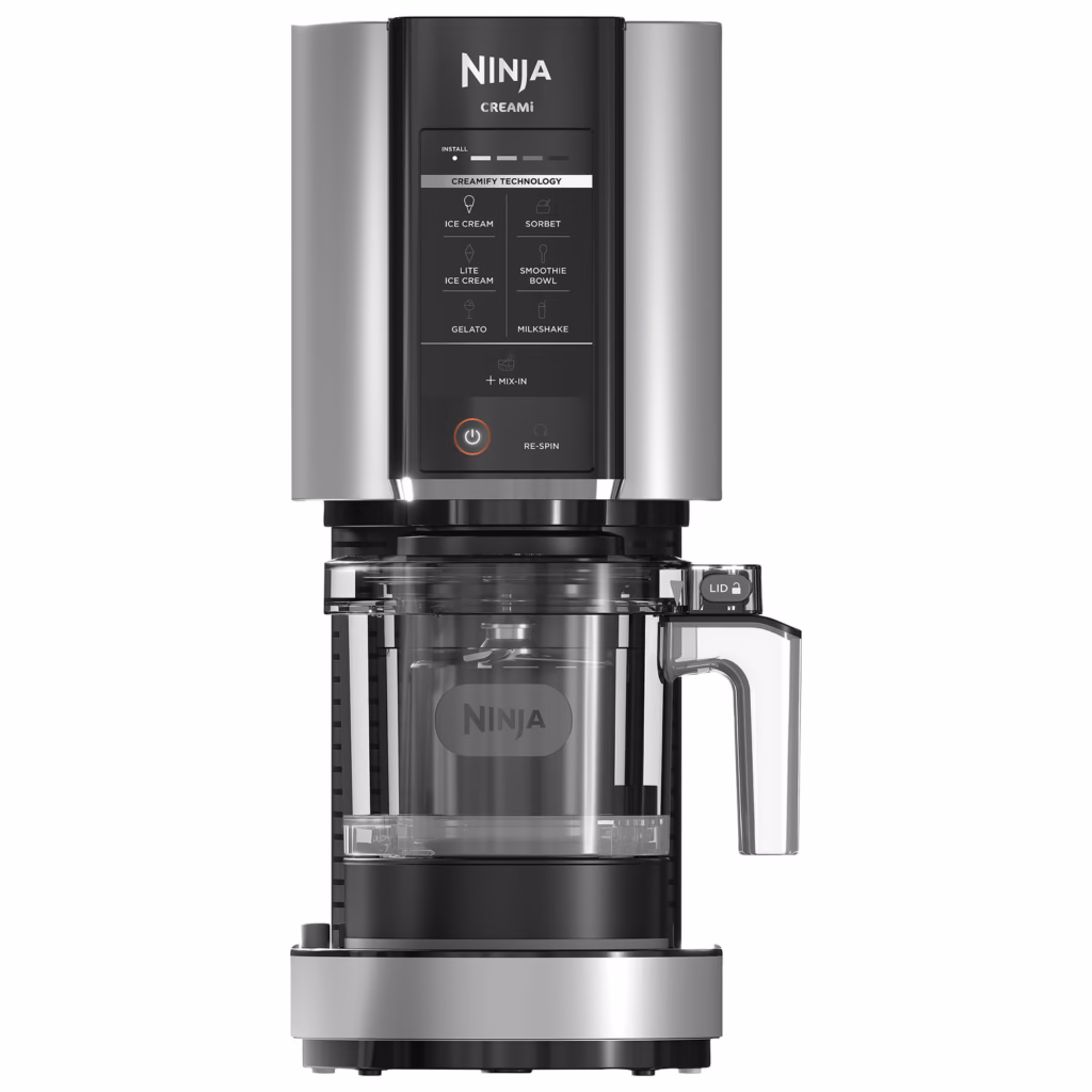 Ninja CREAMi Ice Cream Maker NC301C in silver, front view with outer bowl installed
