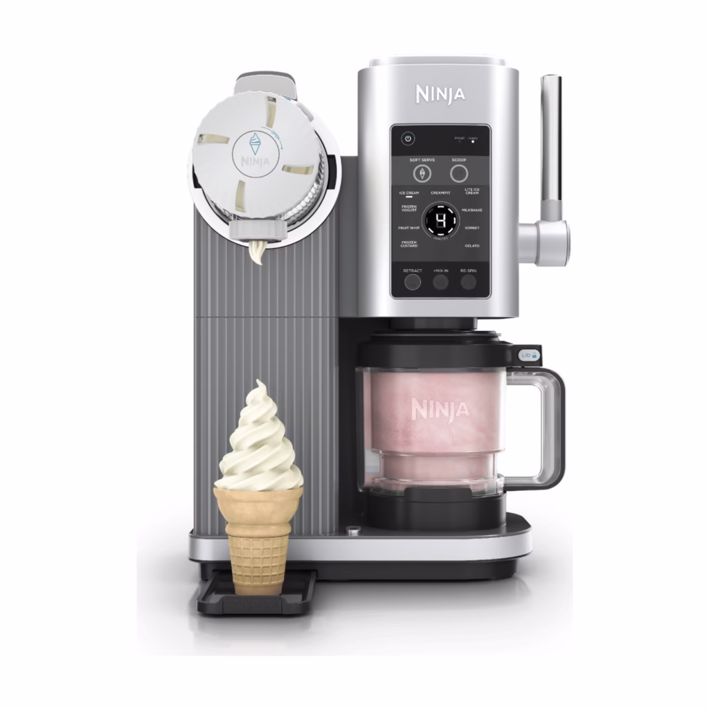 Ninja CREAMi Swirl Ice Cream Maker NC701C in platinum silver, front view with a soft serve cone and pint