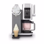 Ninja CREAMi Swirl Ice Cream Maker NC701C in platinum silver, front view with a soft serve cone and pint