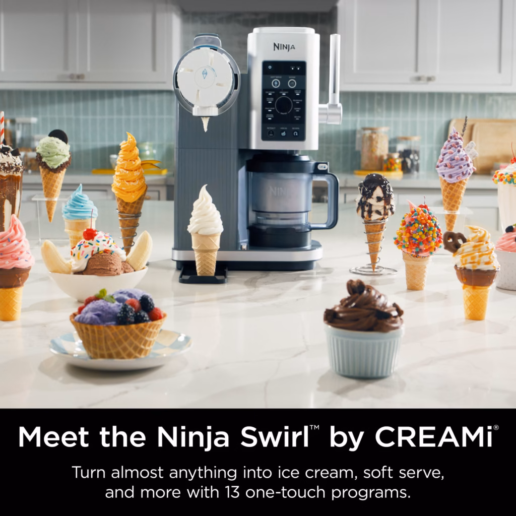 Ninja CREAMi Swirl NC701C on a counter with the 13 one-touch programs callout