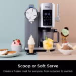 Ninja CREAMi Swirl NC701C beside scooped and swirled frozen treats