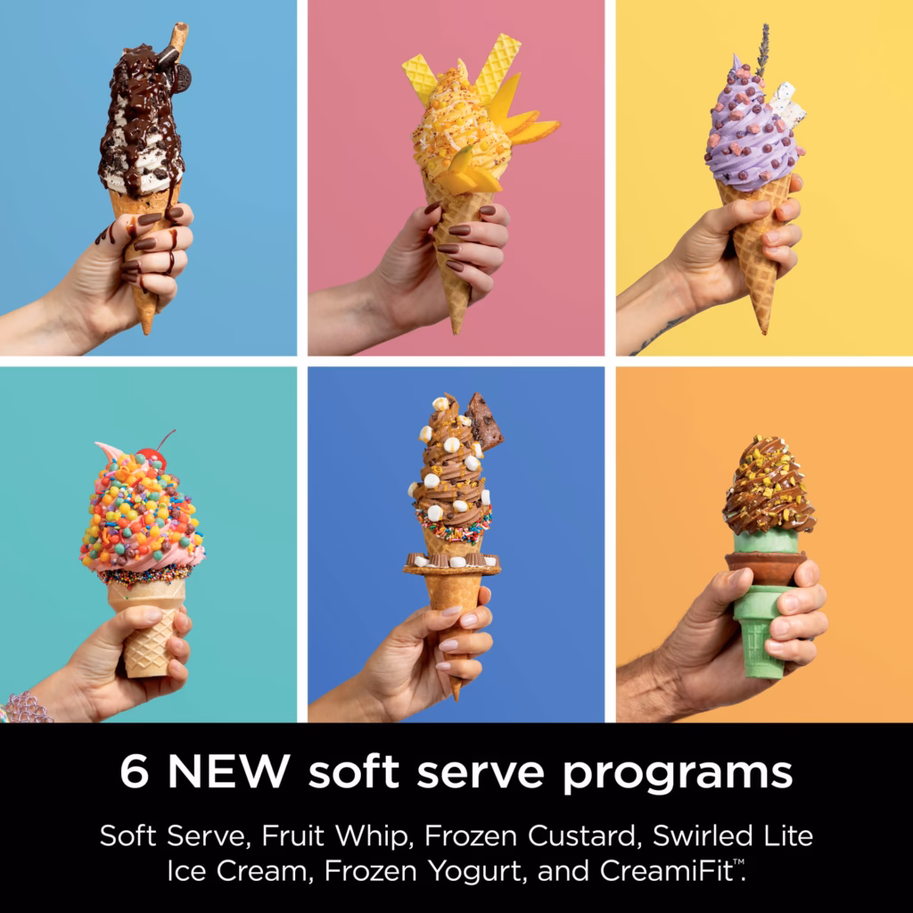 Six soft serve programs on the Ninja CREAMi Swirl NC701C shown as finished cones