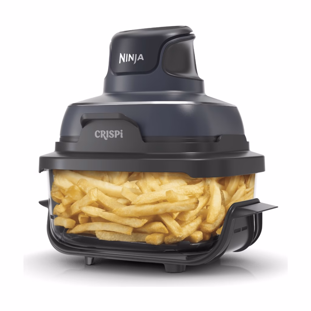 Ninja Crispi FN101CGY portable glass air fryer PowerPod on the 4-qt TempWare container, front view