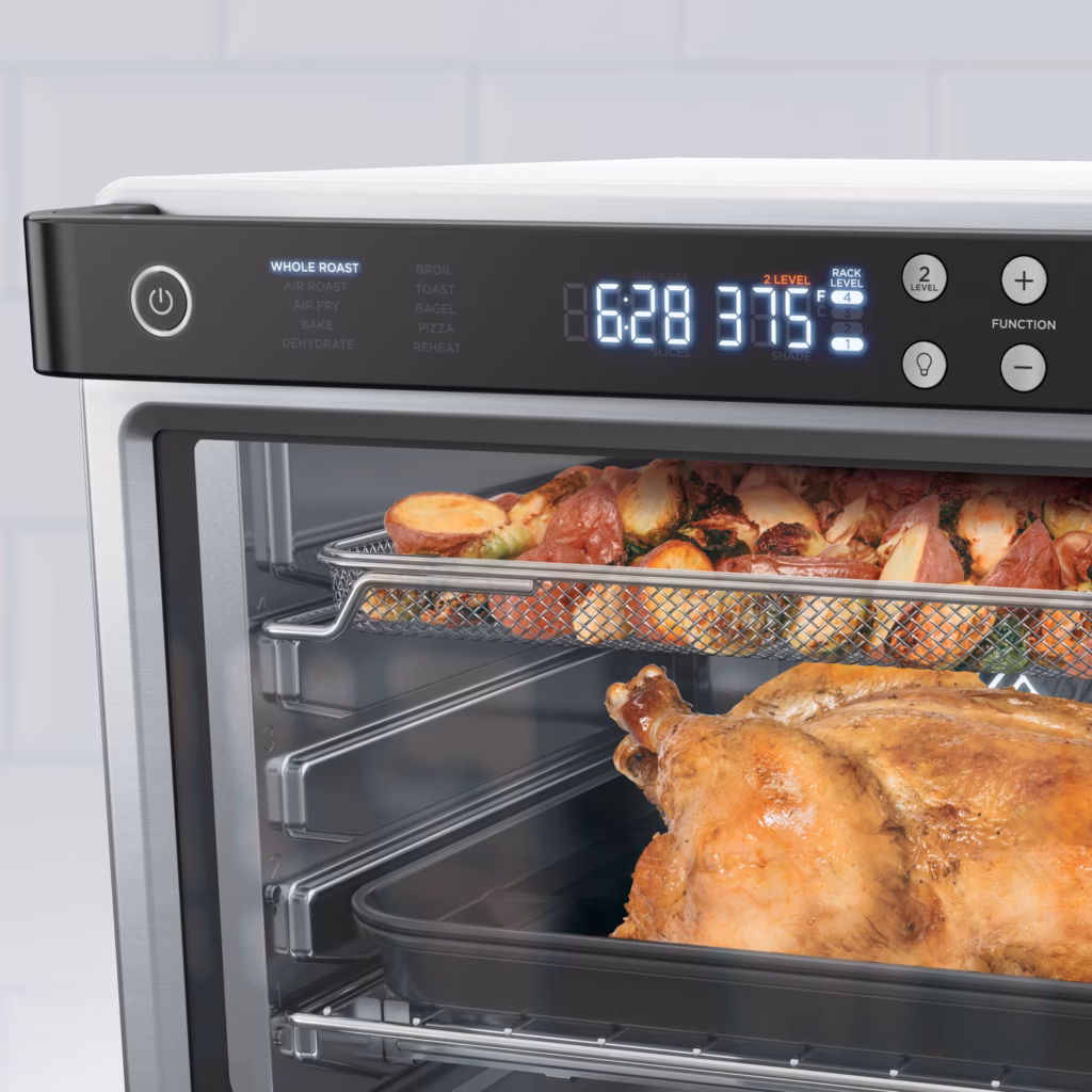 Ninja DT201C control panel showing the whole roast, air roast, air fry, bake, dehydrate, broil, toast, bagel, pizza and reheat functions