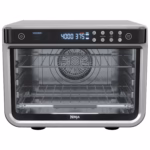 Ninja DT201C countertop oven front view with the door closed and the rear convection fan visible through the glass