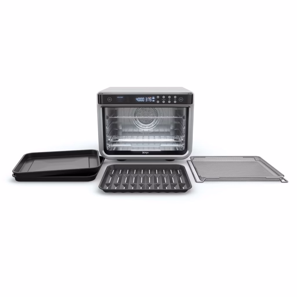 Ninja DT201C shown with its included sheet pans, wire racks and removable crumb tray